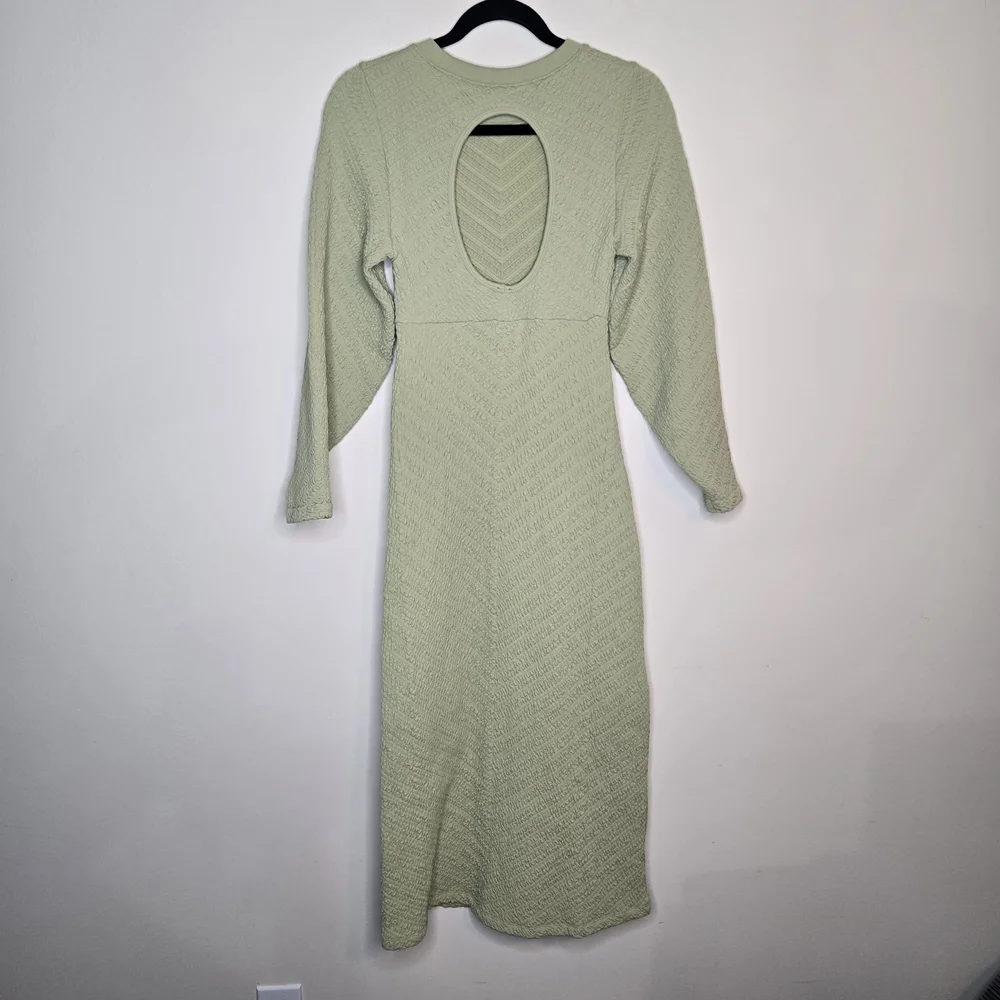 Anthropologie Free People Midi Dress Open Back Green Boho Fitted Long Sleeve